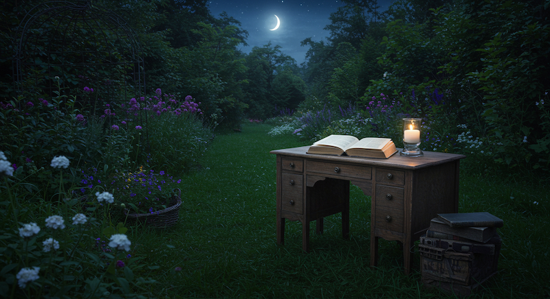 静かな夜の庭園、月明かり、古書が開かれた机